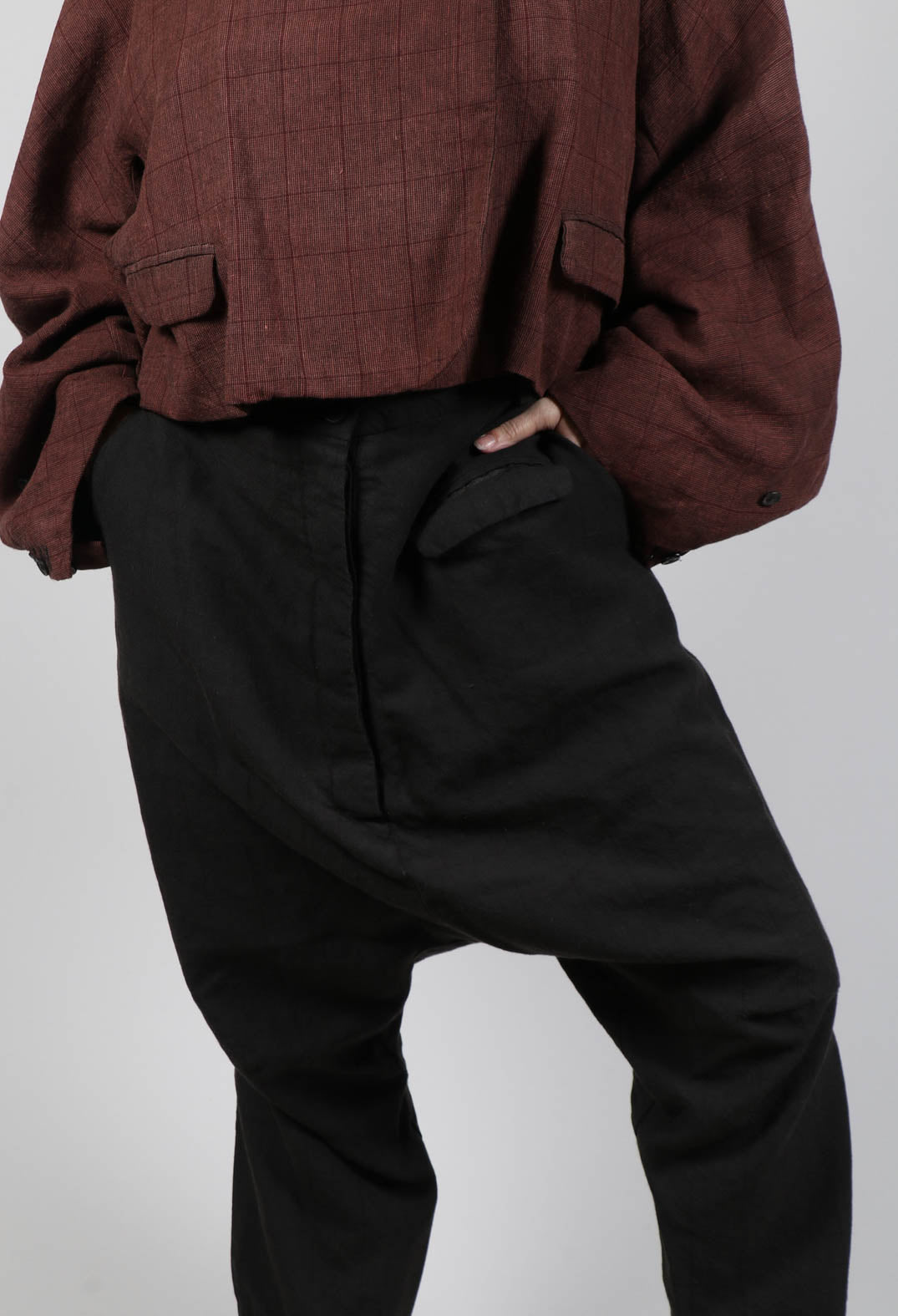 Cropped Drop Crotch Trousers in Black Cloud
