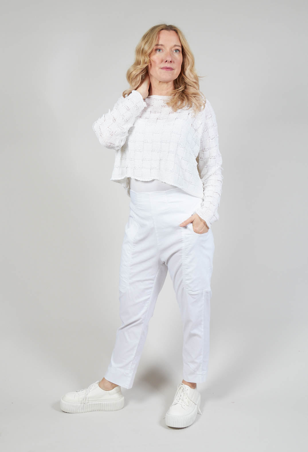 Cropped Jumper with Square Detail Knit in White