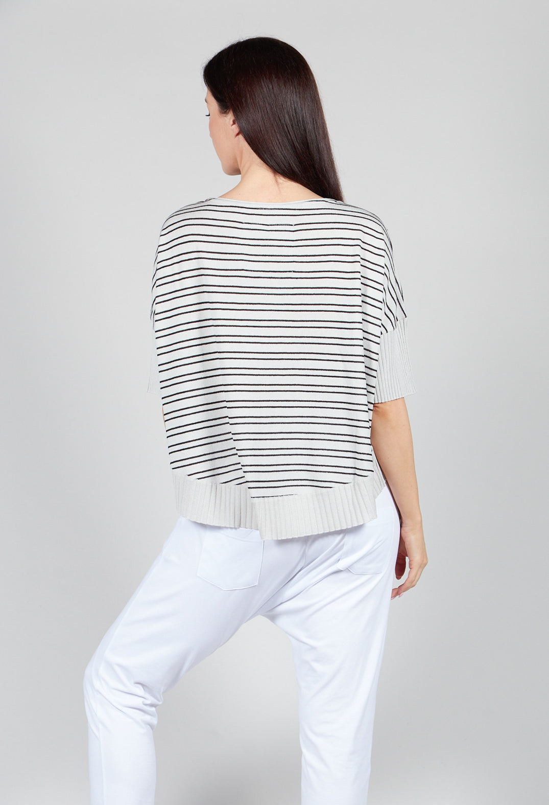 Cropped Short Sleeve Jumper in Silver Black Stripe