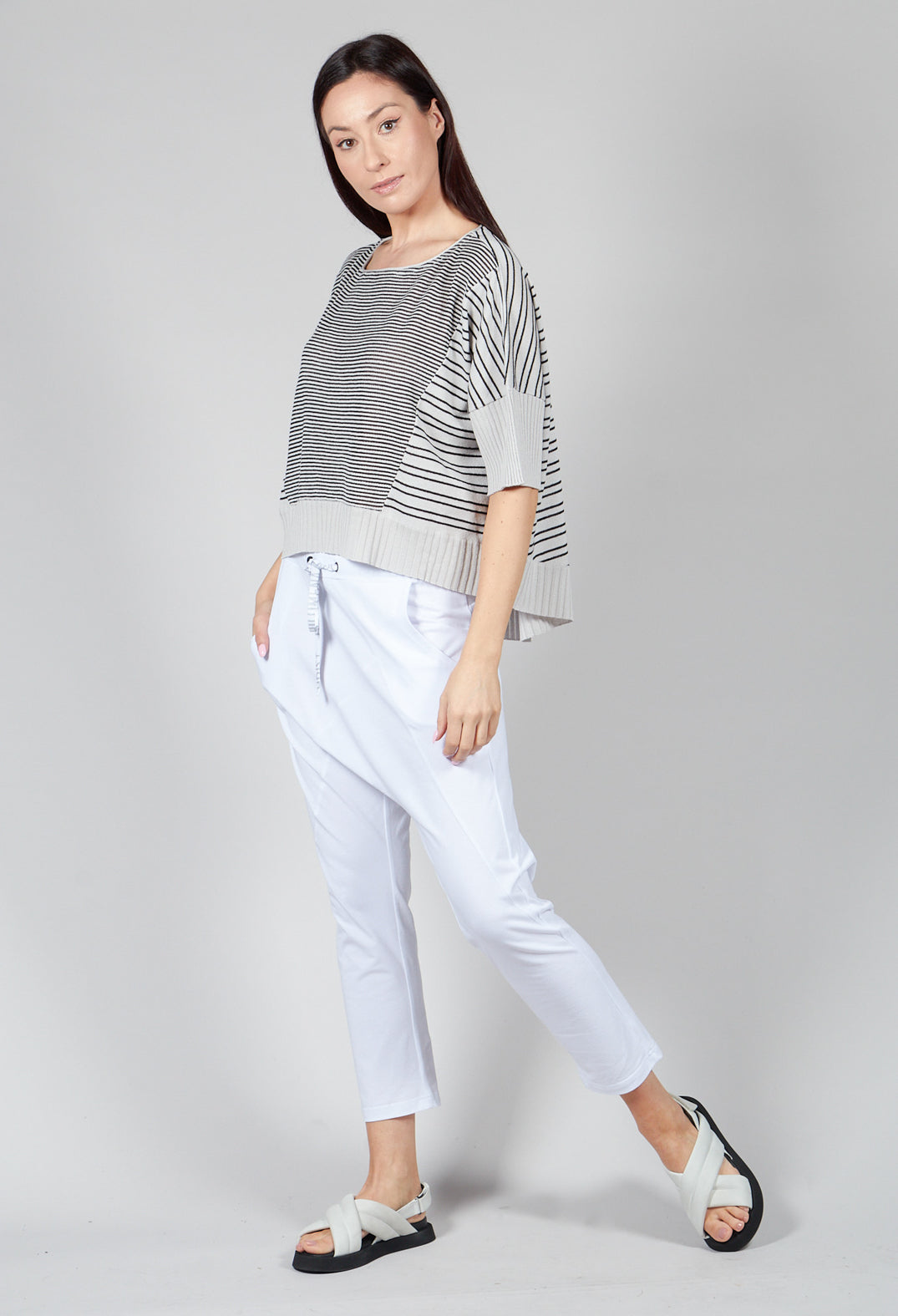 Cropped Short Sleeve Jumper in Silver Black Stripe