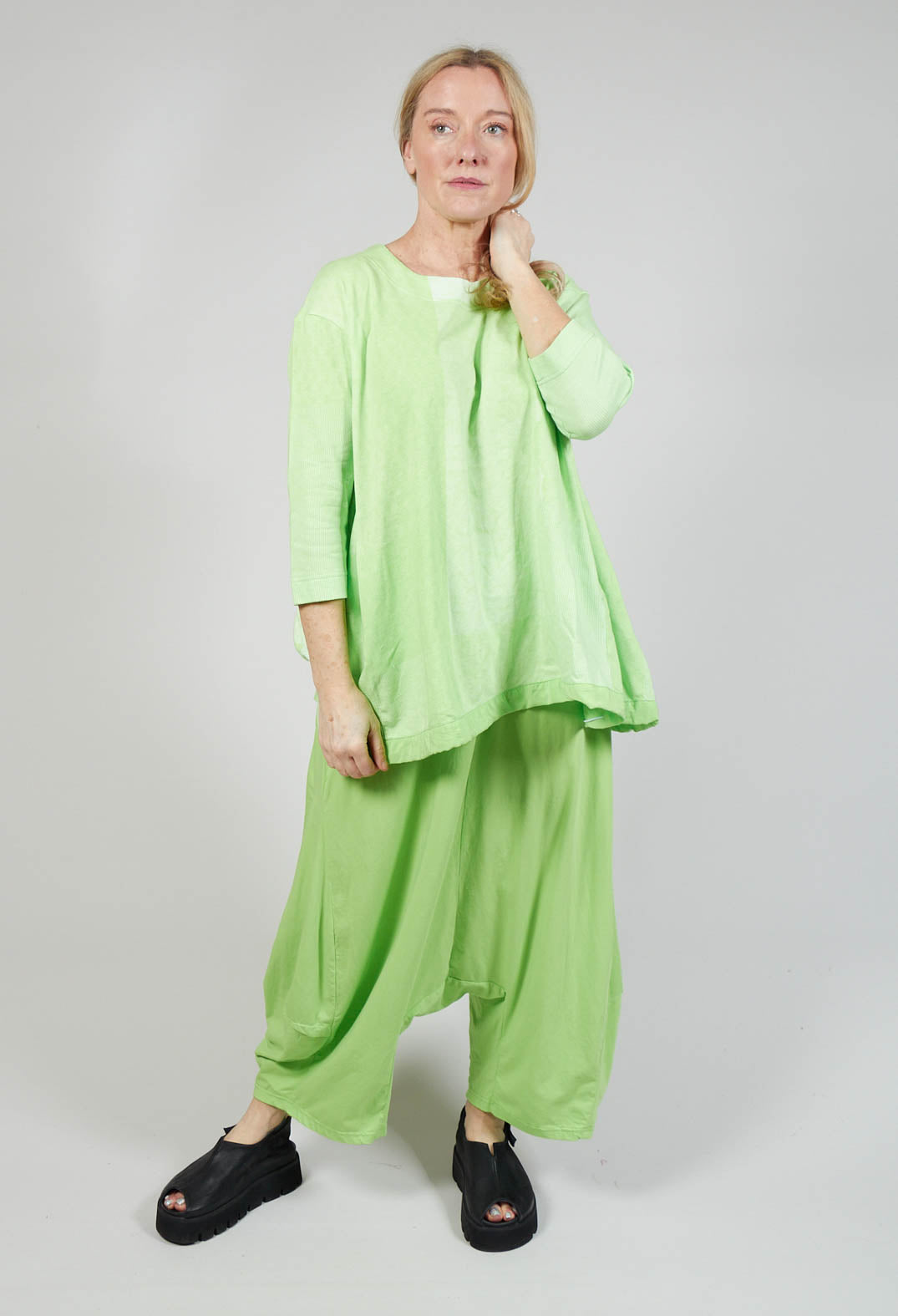Cropped Sleeve Top with Drawstring Hem in Lime Print