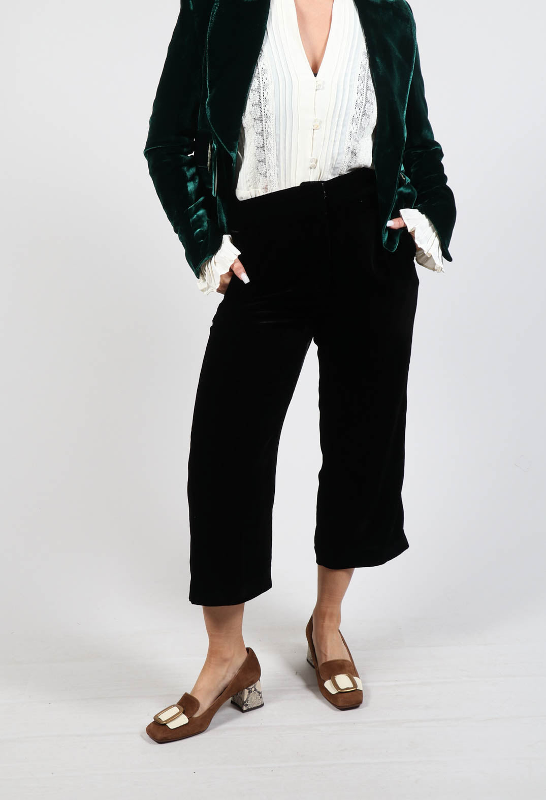 Cropped Velvet Trousers in Black Olivia May