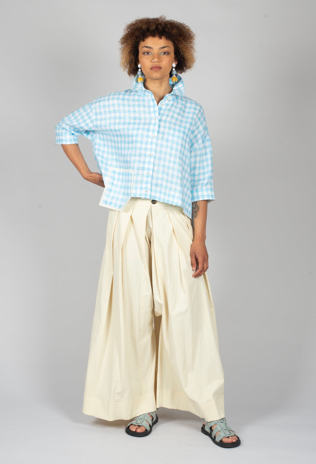 Gingham Cropped Shirt in Sky Blue Stripe