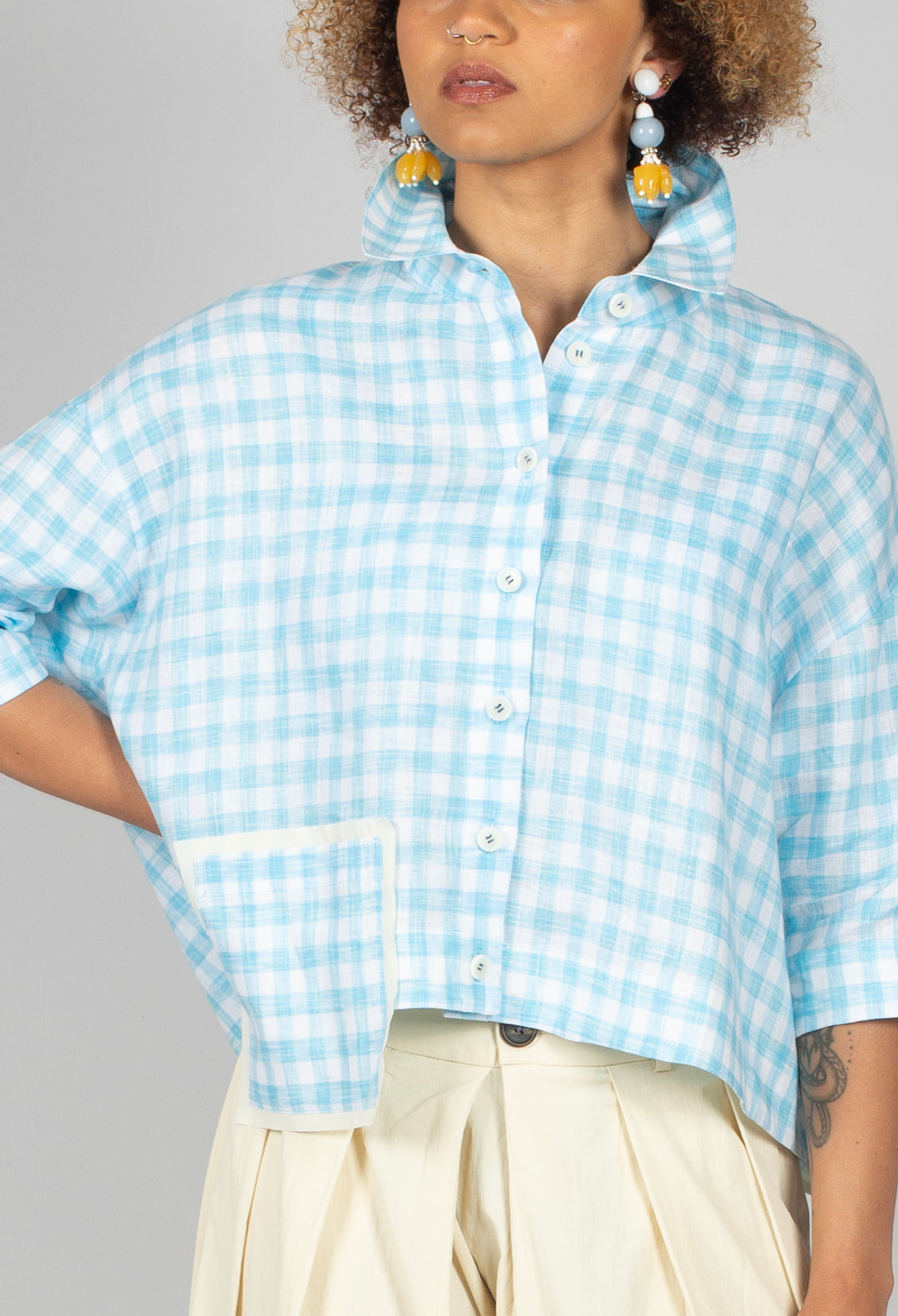Gingham Cropped Shirt in Sky Blue Stripe