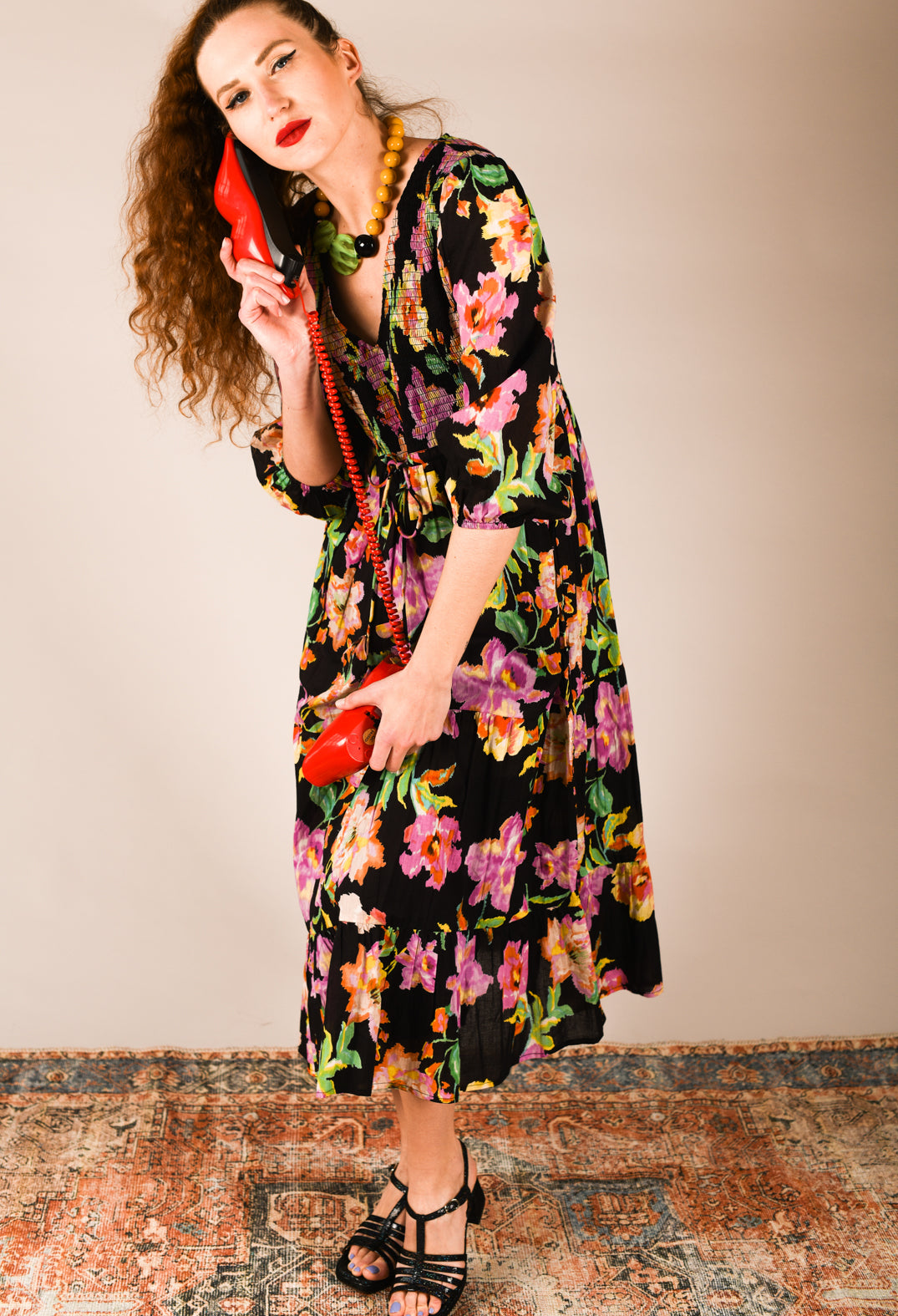 Trapani Dress in Black Floral Print