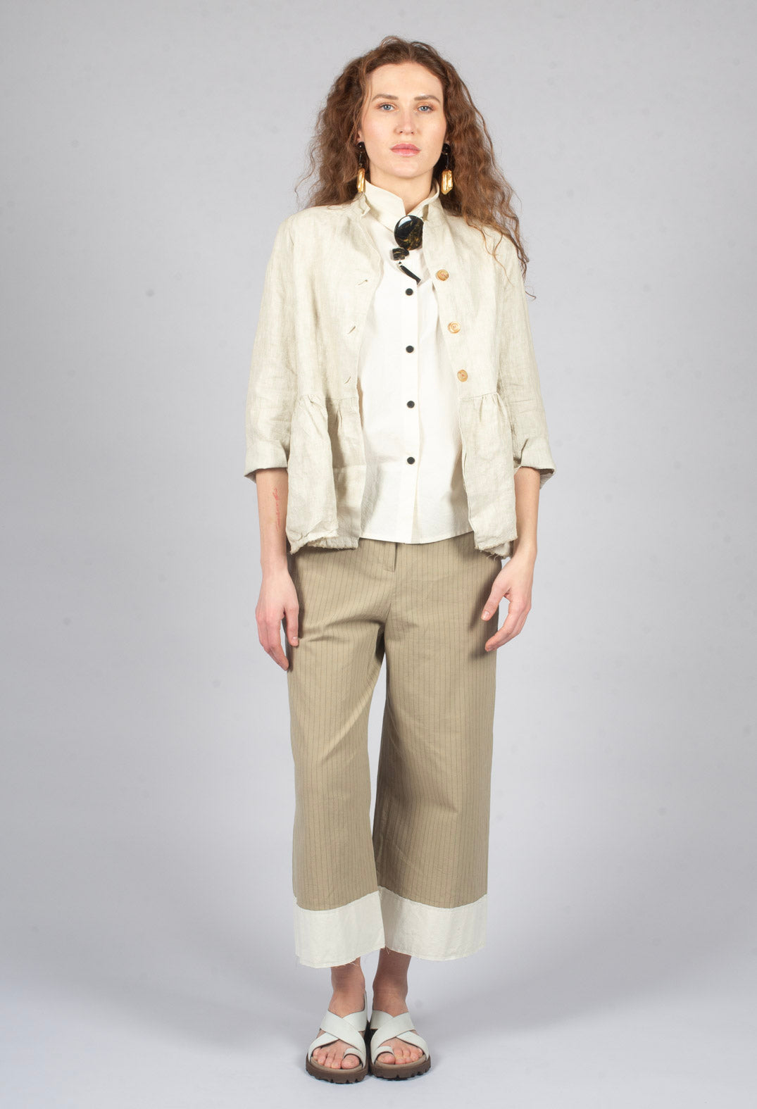 Pinstripe Trousers in Beige Stripe