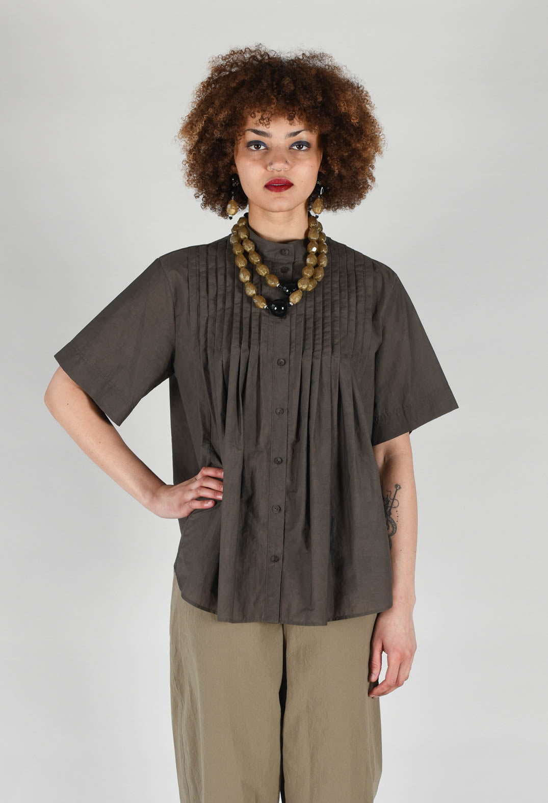 Pleated Front Blouse in Grey Brown