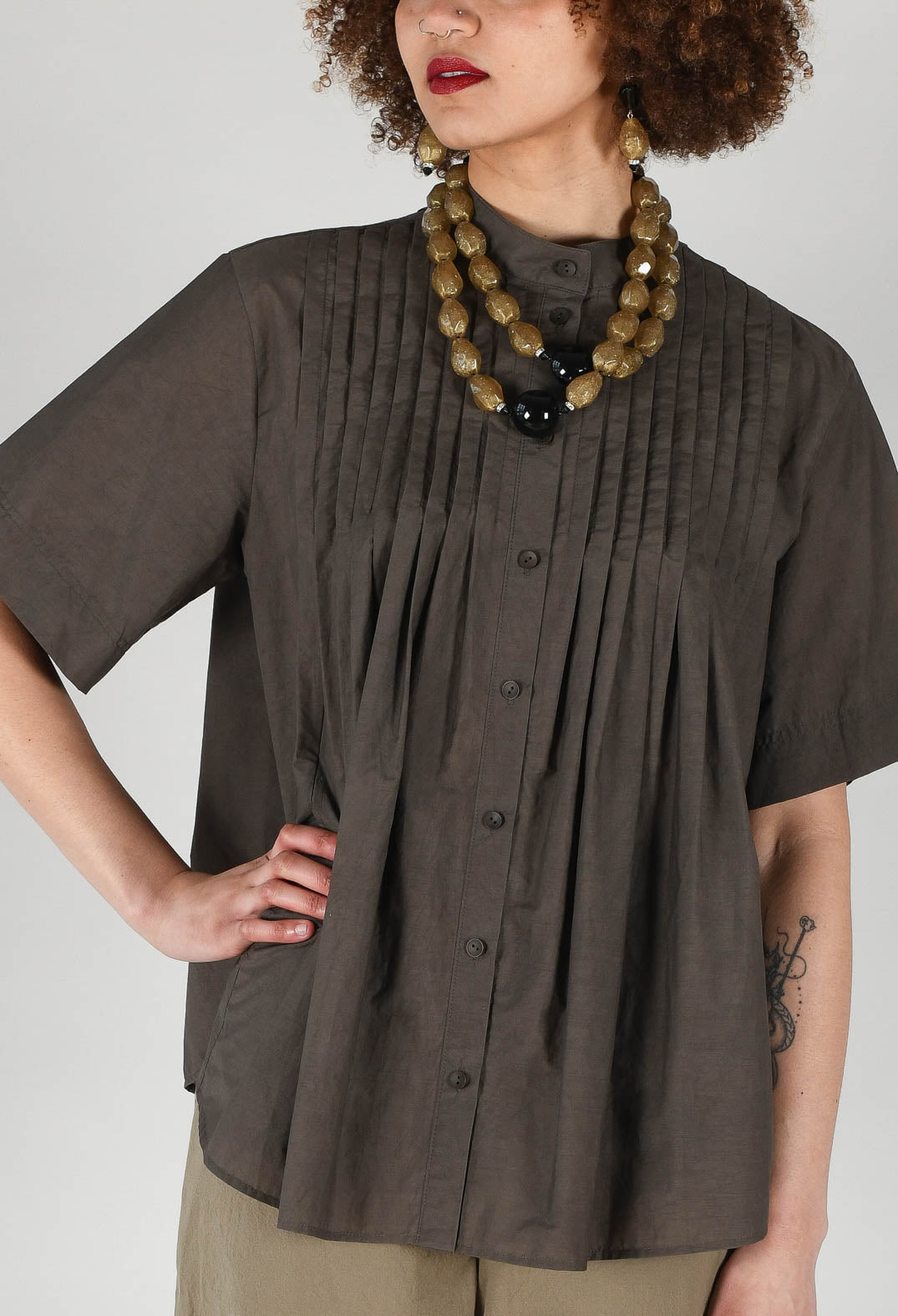 Pleated Front Blouse in Grey Brown