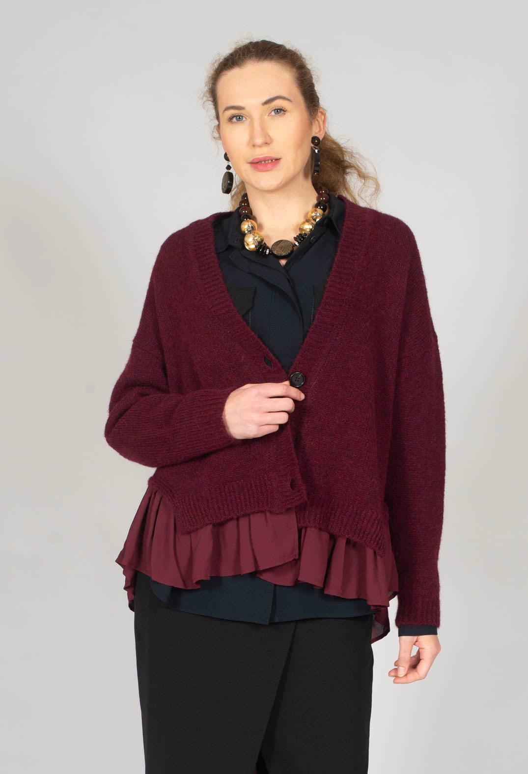 Knitted Cardigan with Frill Hem in Rumba