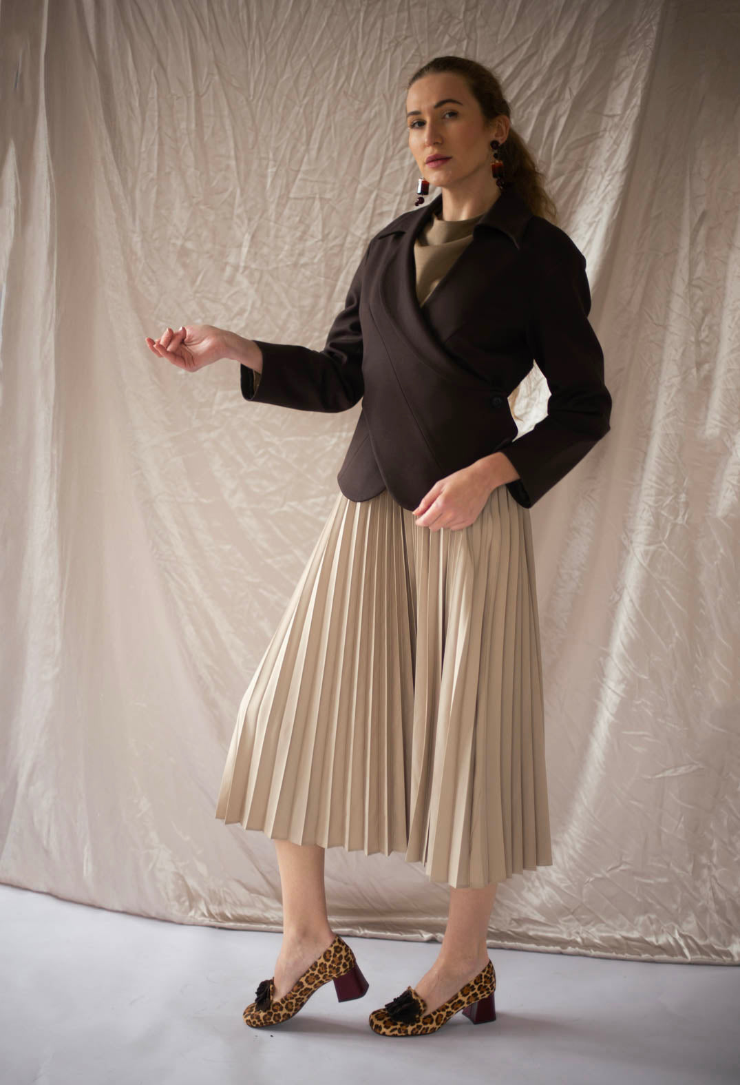 Pleated Dress with Overlay Top in Camel