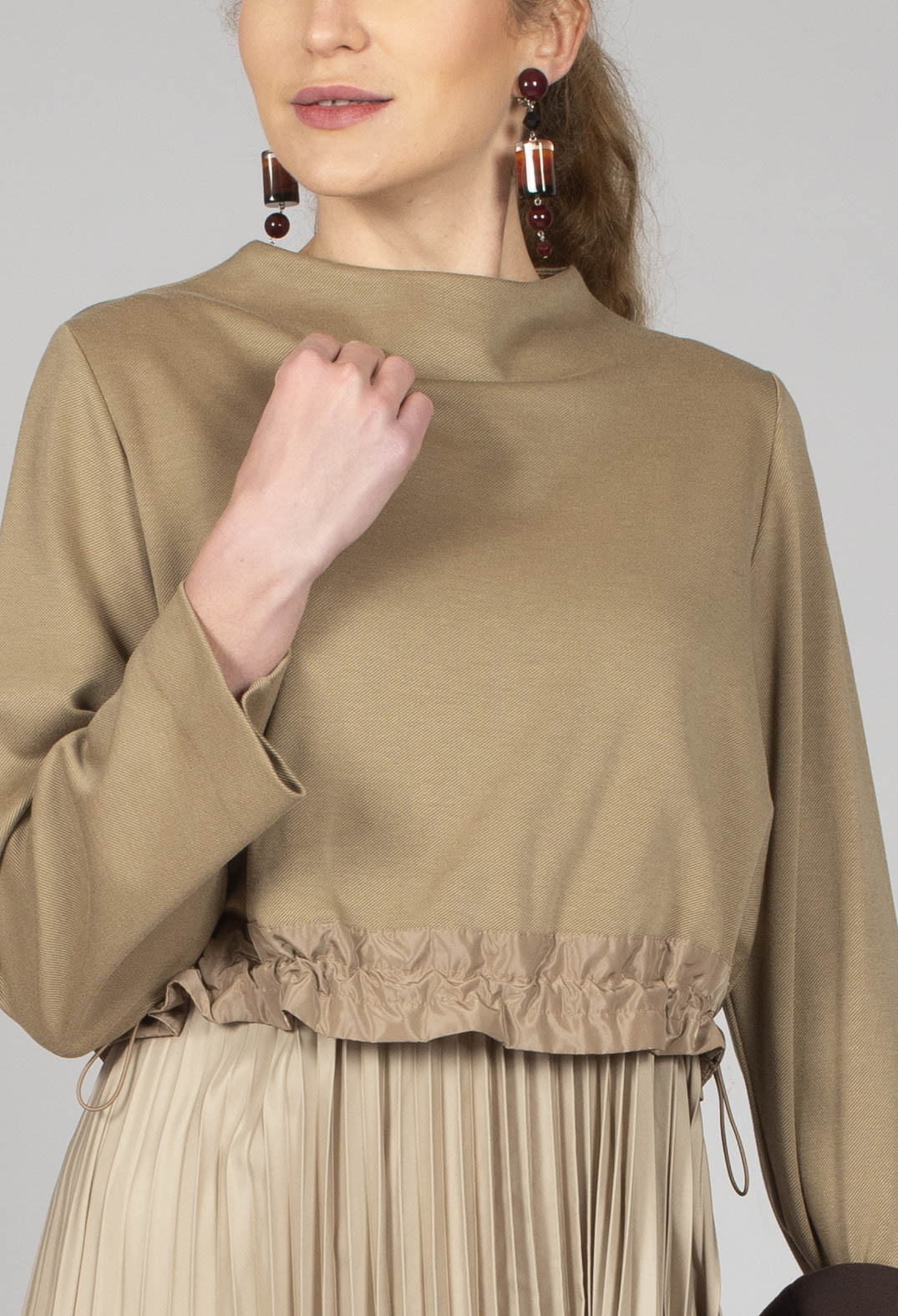 Pleated Dress with Overlay Top in Camel