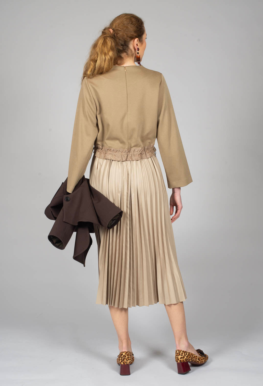 Pleated Dress with Overlay Top in Camel