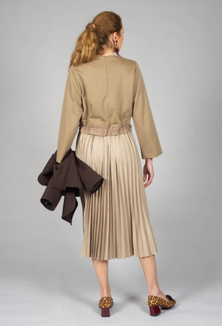 Pleated Dress with Overlay Top in Camel