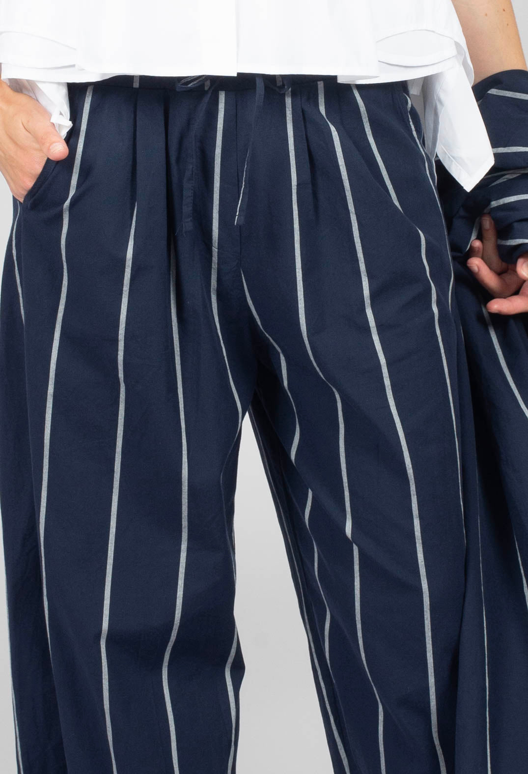 Pull String Waist Trousers in Indigo Striped