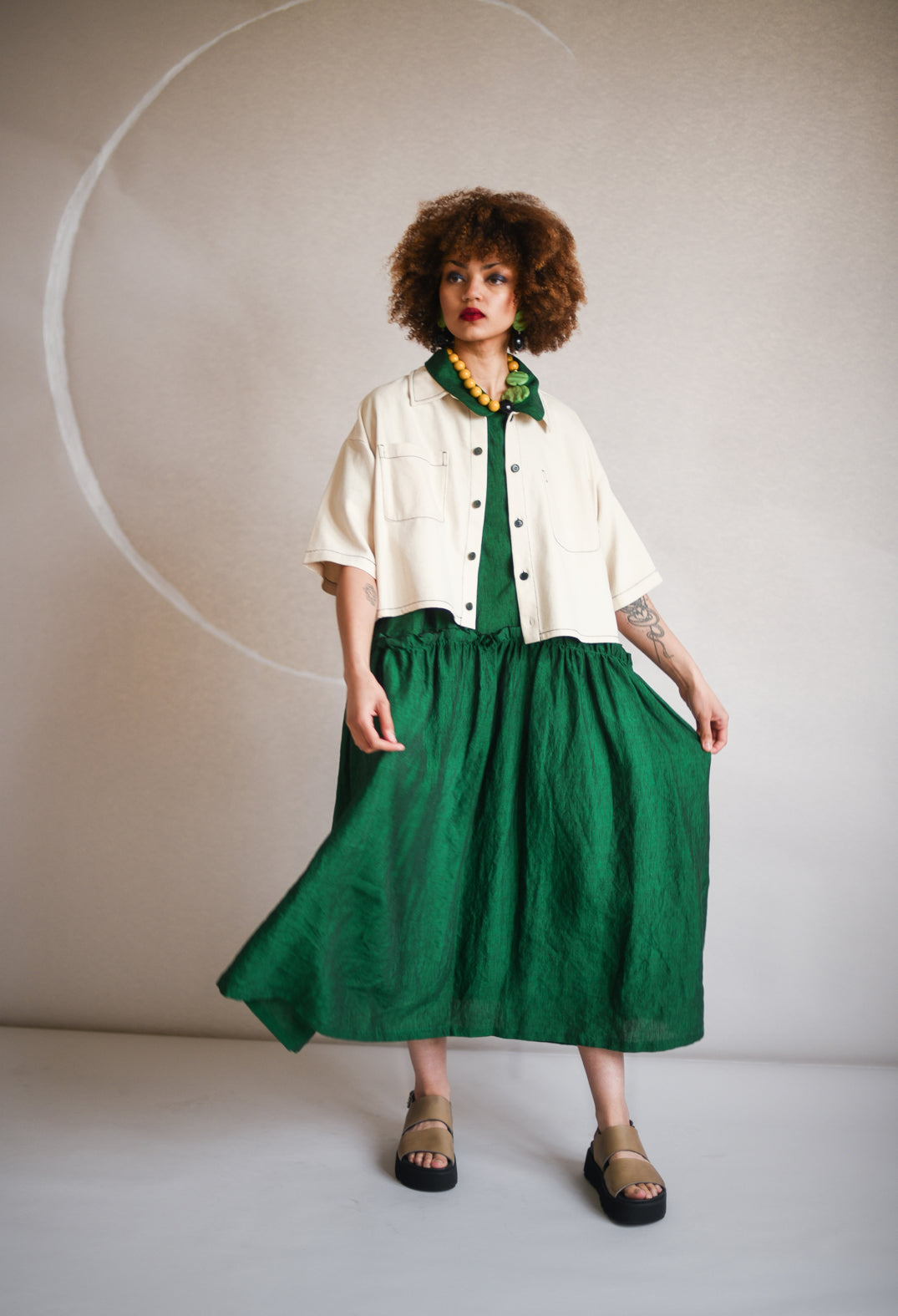 Button Smock Dress in Green
