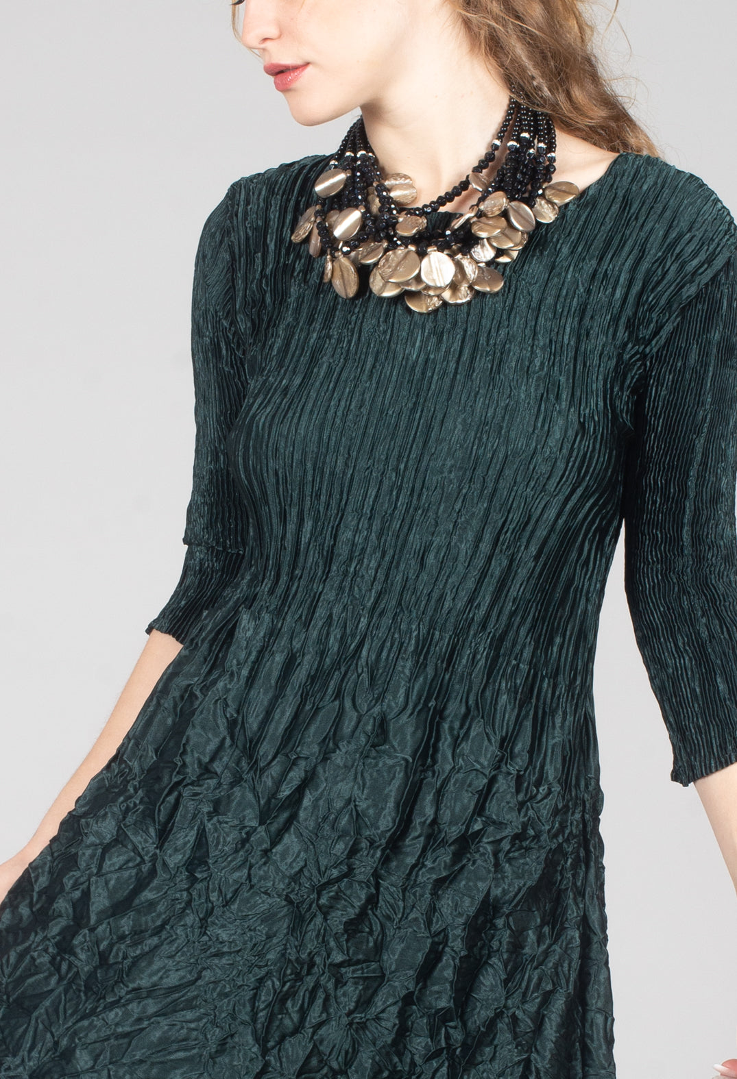 Three Quarter Sleeve Smash Dress in Metallic Forest
