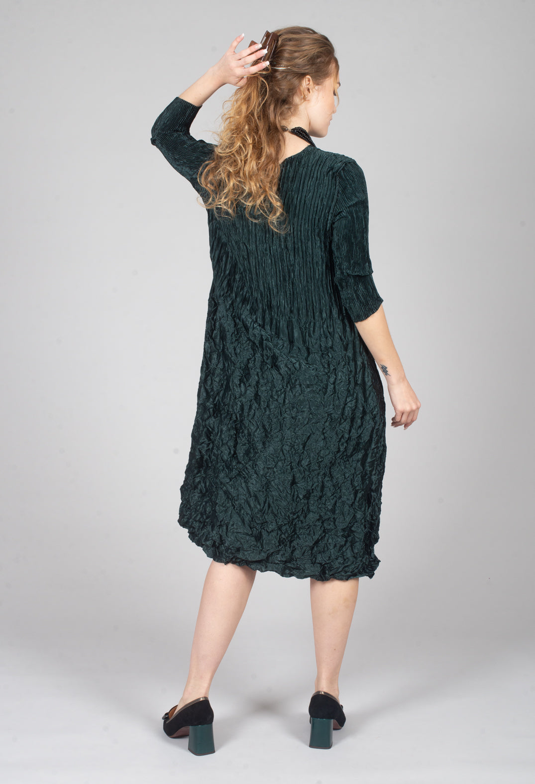 Three Quarter Sleeve Smash Dress in Metallic Forest