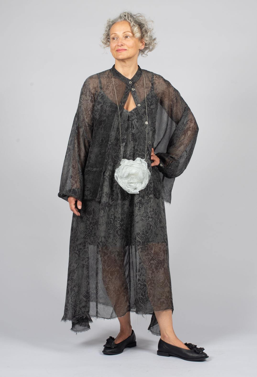 Long Dress with Asymmetric Hem in Anthracite Print