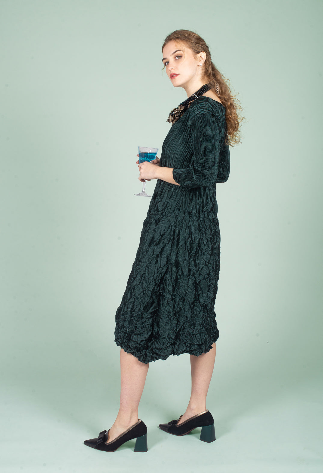 Three Quarter Sleeve Smash Dress in Metallic Forest