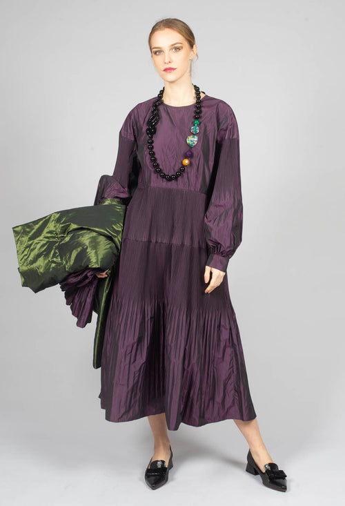 Taffeta Dress with Pleated Sleeves in Purple