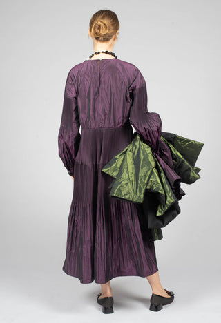 Taffeta Dress with Pleated Sleeves in Purple
