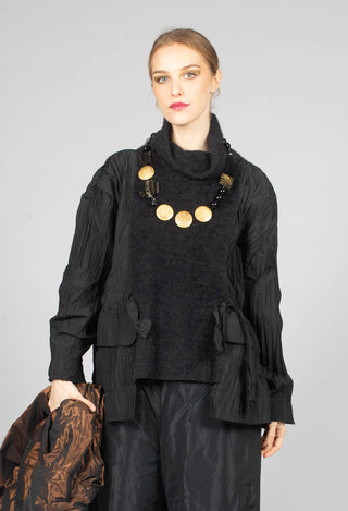 High Neck Dual Fabric Top in Black