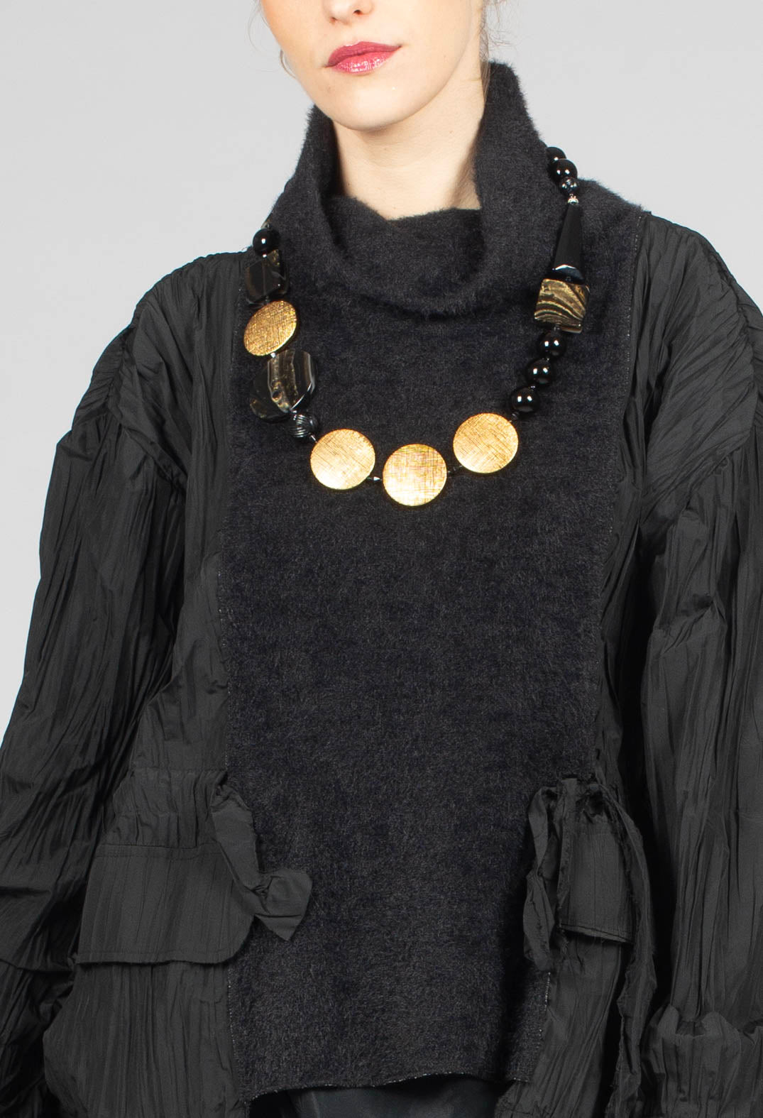 High Neck Dual Fabric Top in Black