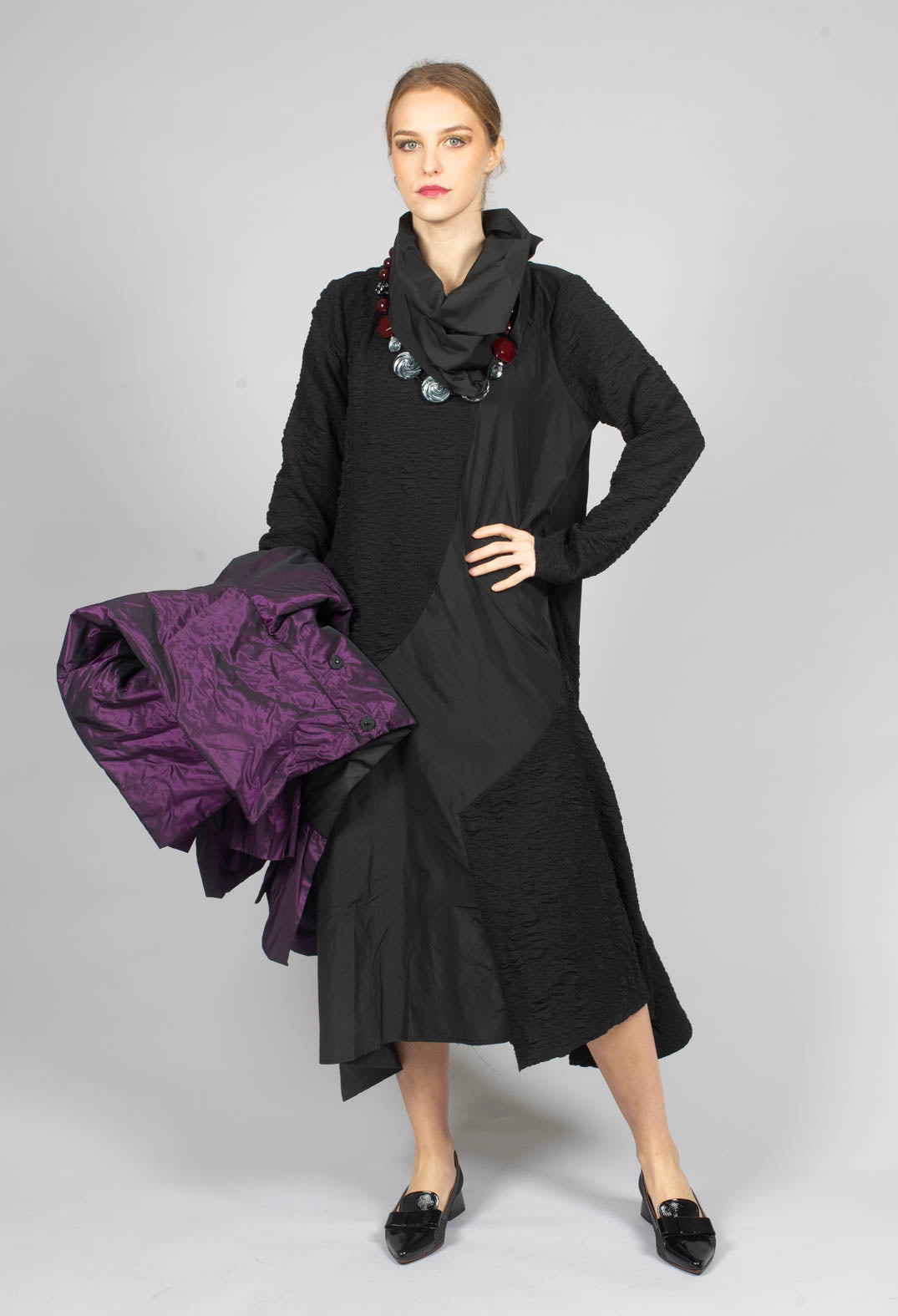 High Neck Dual Fabric Dress in Black