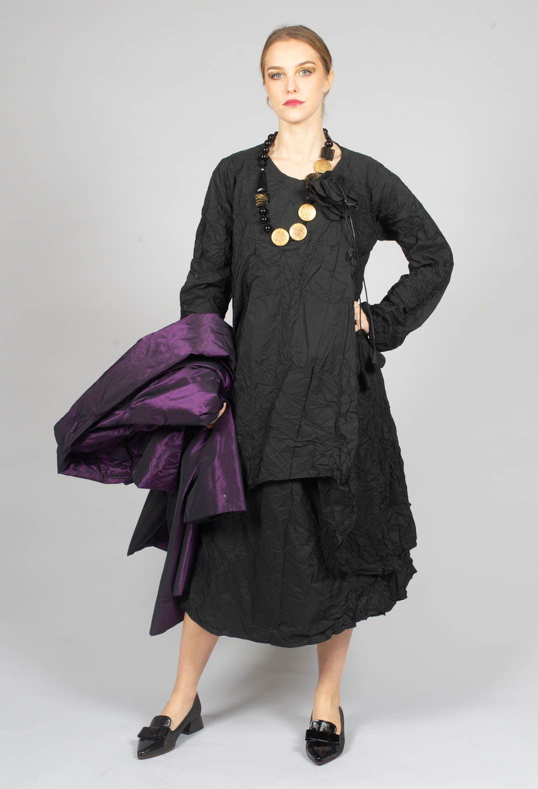 Long Sleeve Dress with Fabric Rose in Black
