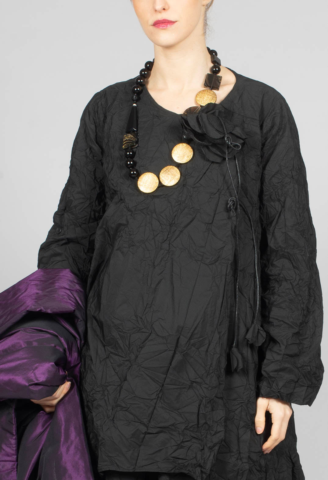 Long Sleeve Dress with Fabric Rose in Black