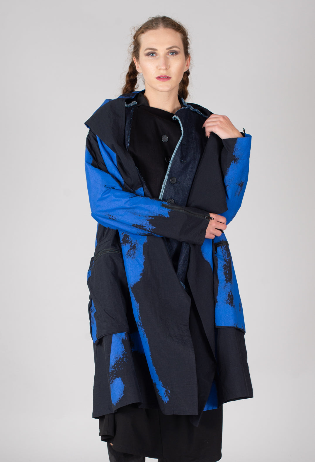 Hooded A-Line Coat in Blue Print