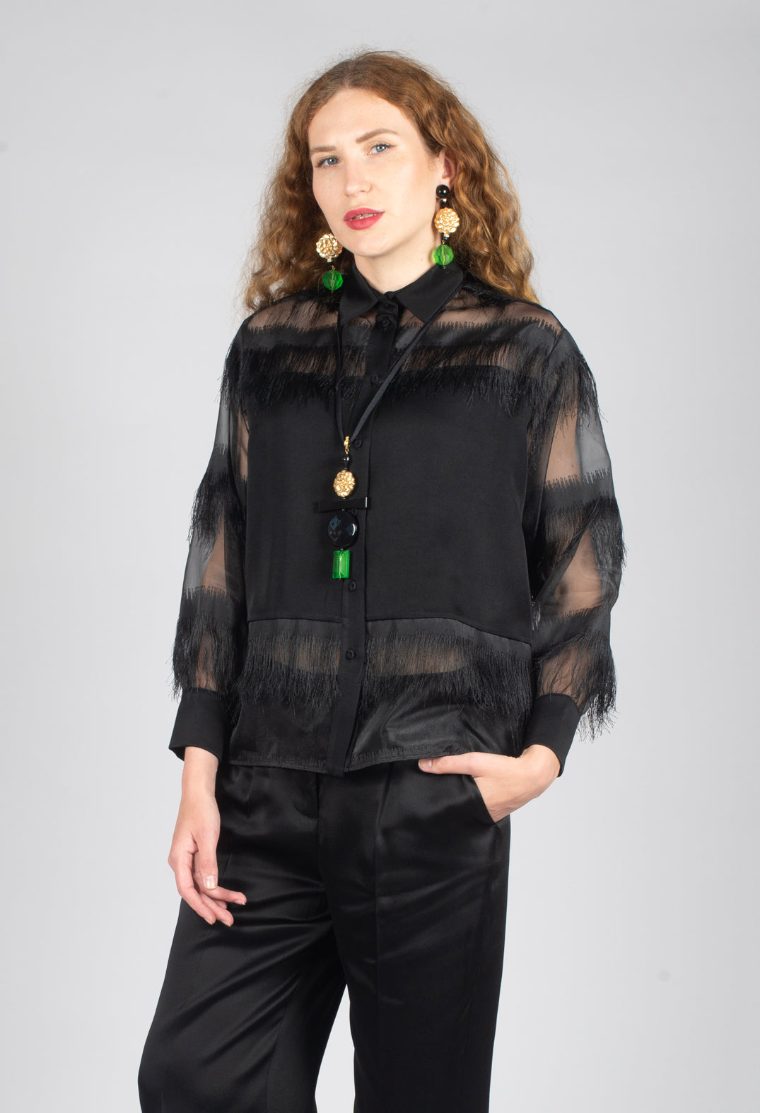 Alida Lightweight Shirt with Fringes in Black