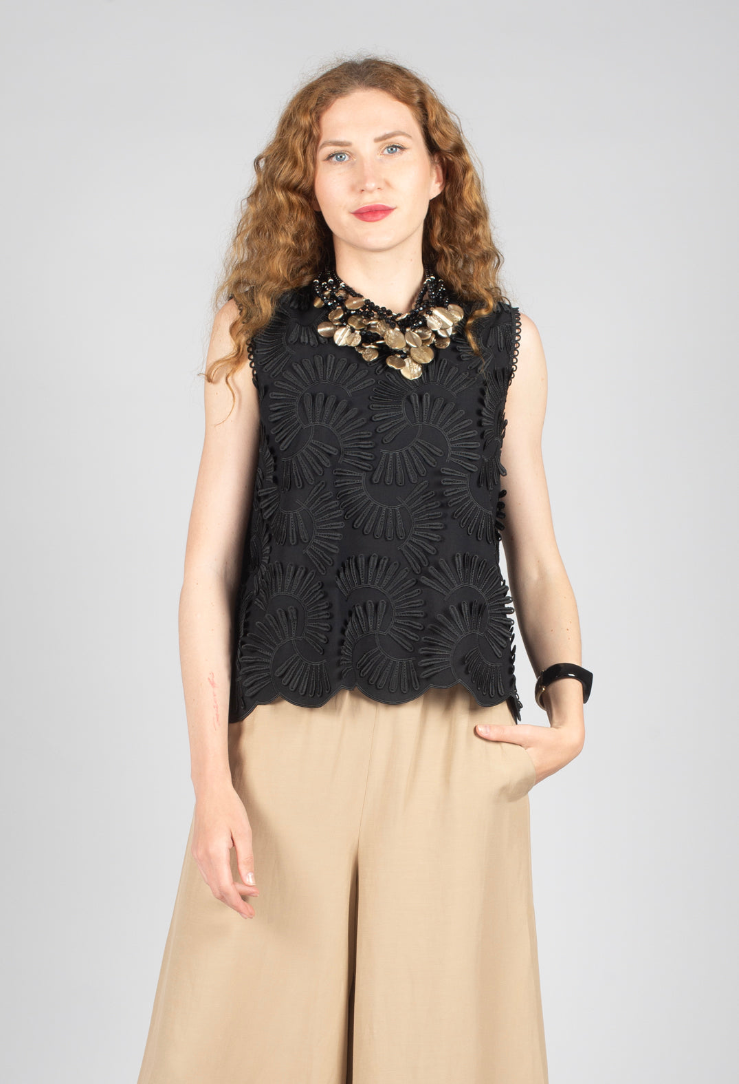 Nova Cotton Top with Embossed Flowers in Black