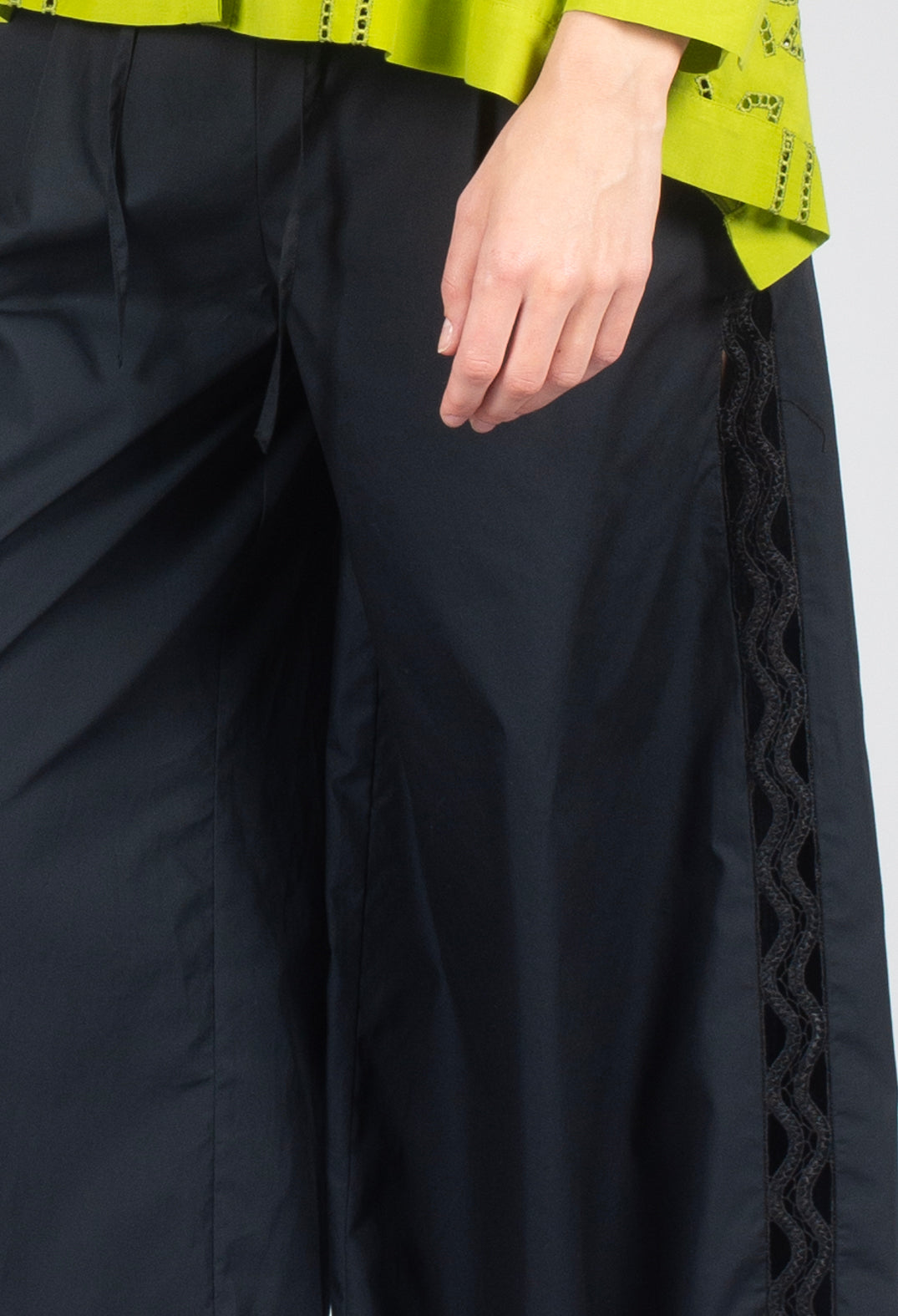 Vega Wide Leg Trousers with Lace Insert in Black