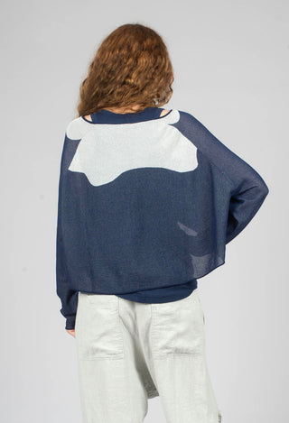 Cropped Pullover with High Low Hem in Navy Jacquard