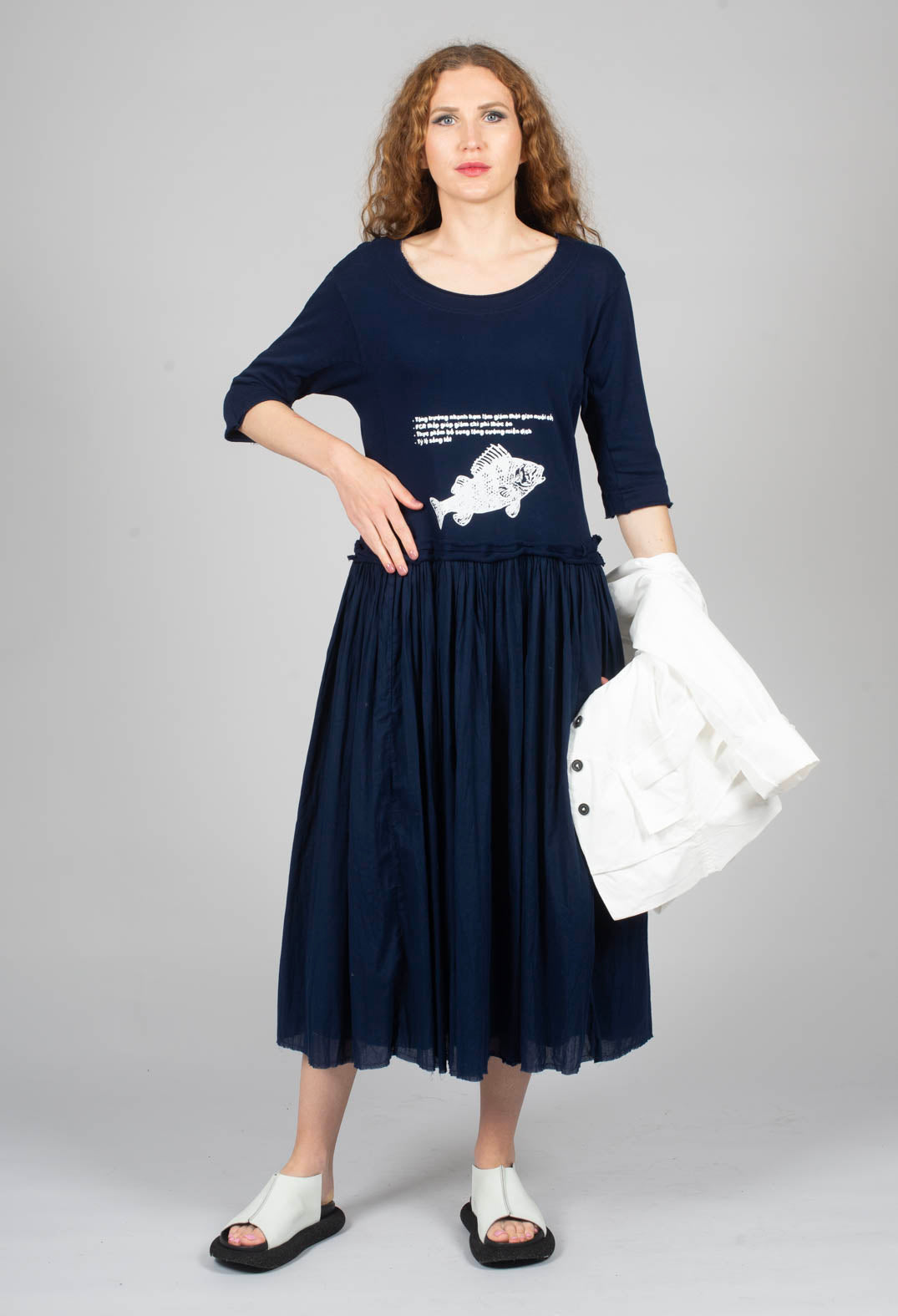 Dual Fabric Dress in Navy Print