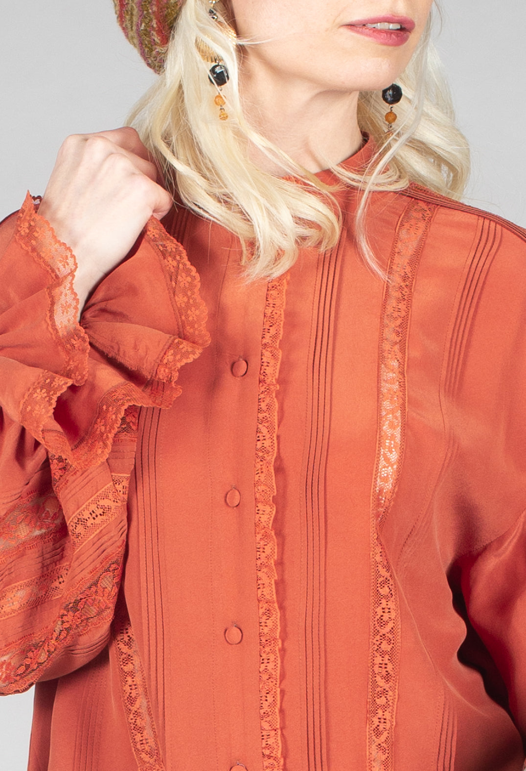 Washed Silk Blend Shirt with Lace in Caramel