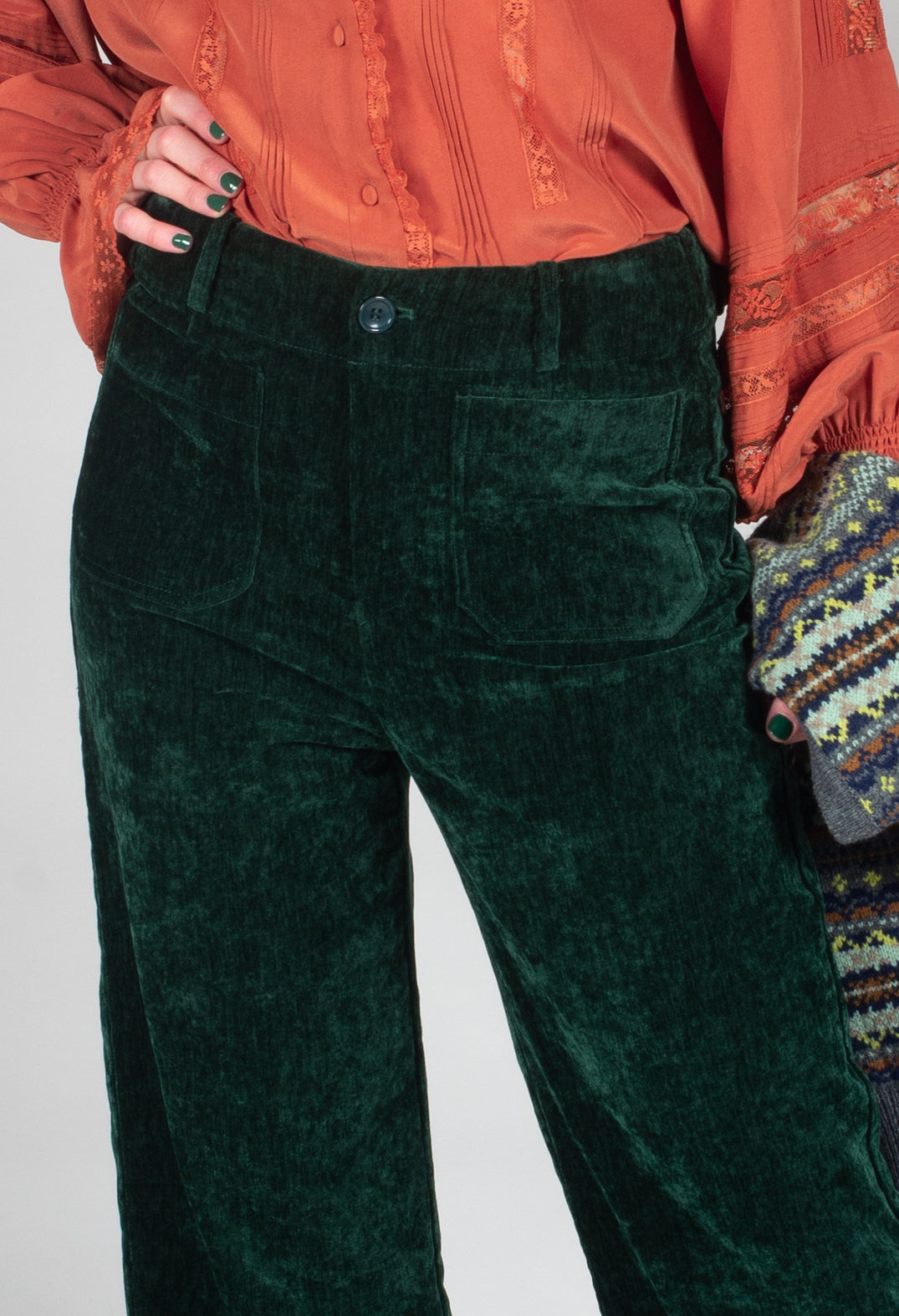 Velvet Pocket Detail Trousers in Vert