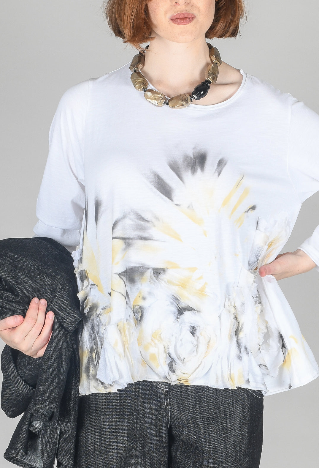 3D Flower and Print Top in White