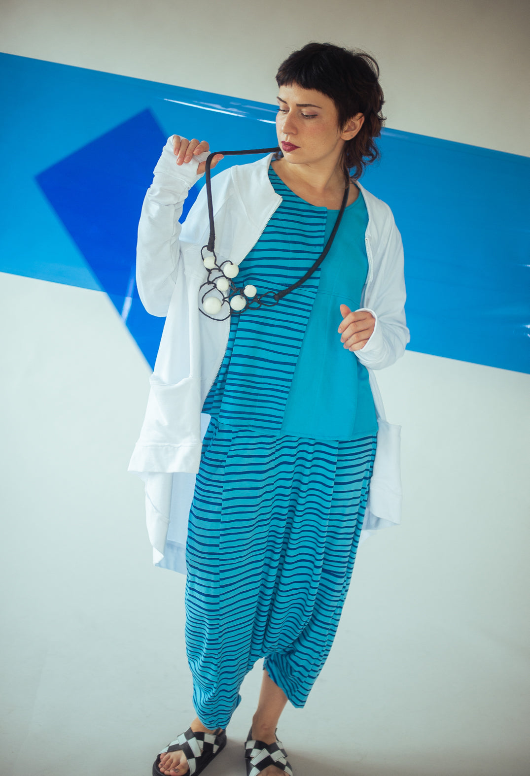 Jersey Drop-Crotch Trousers in Turquoise with Blue Lines