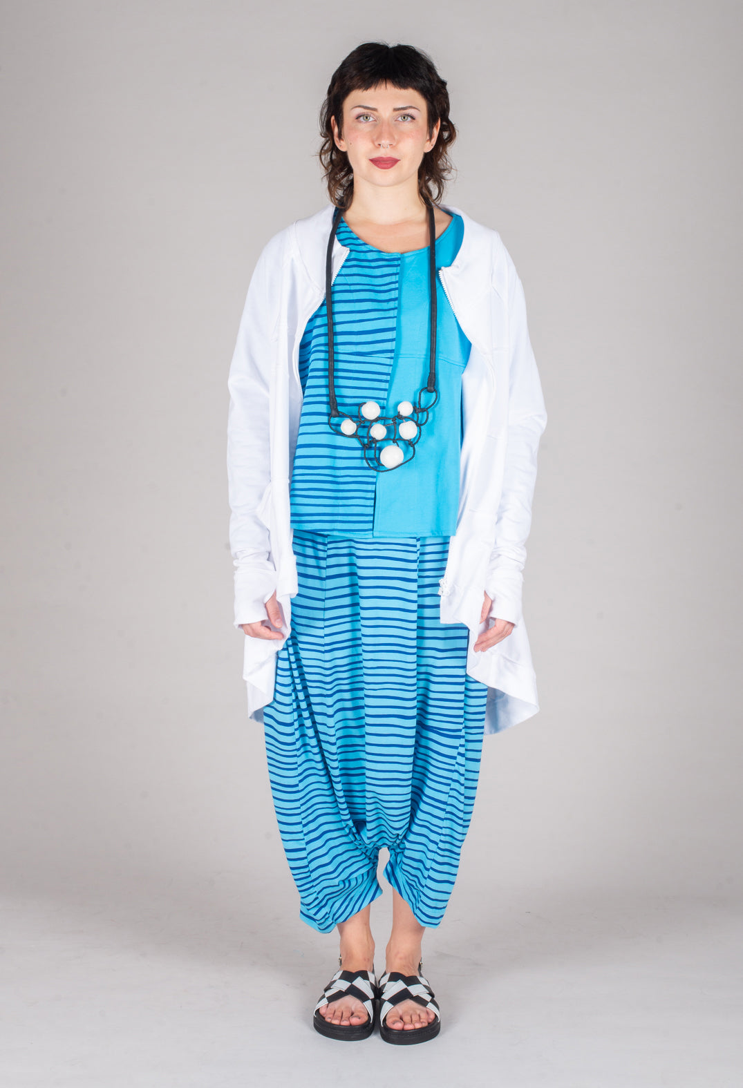 Jersey Drop-Crotch Trousers in Turquoise with Blue Lines