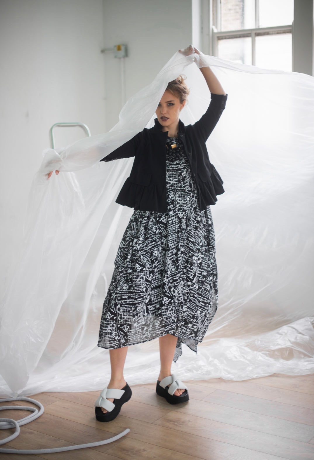 Handkerchief Hem Dress in Black with White Seregraphy