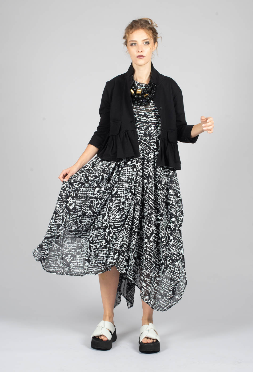 Handkerchief Hem Dress in Black with White Seregraphy
