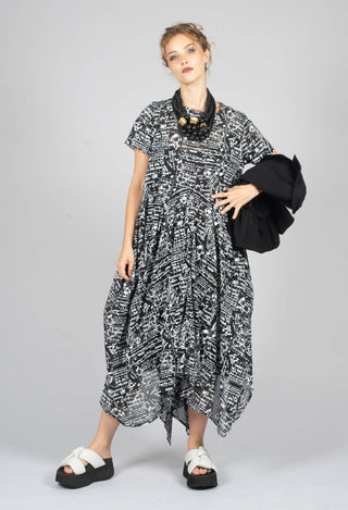 Handkerchief Hem Dress in Black with White Seregraphy