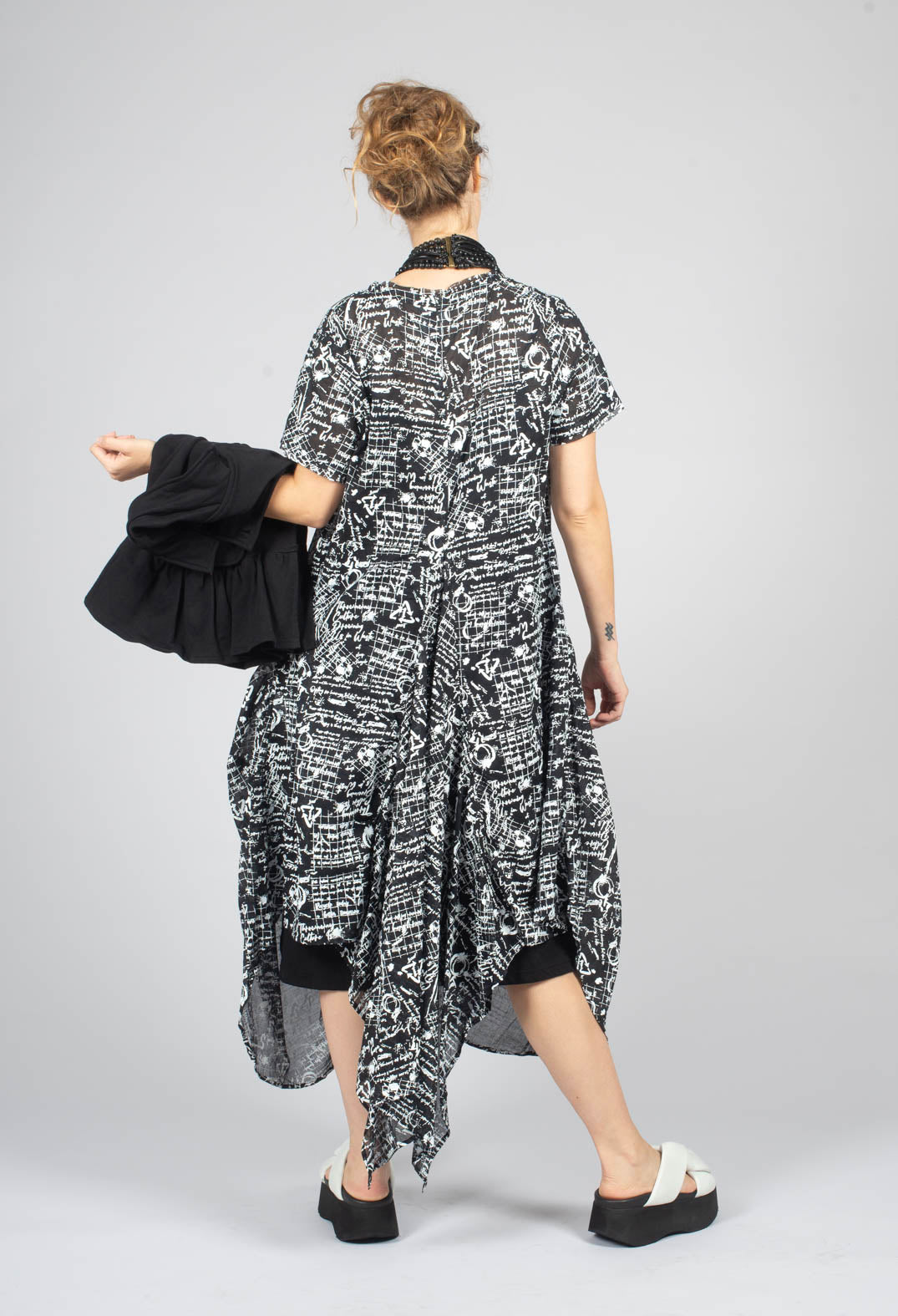 Handkerchief Hem Dress in Black with White Seregraphy