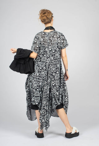 Handkerchief Hem Dress in Black with White Seregraphy
