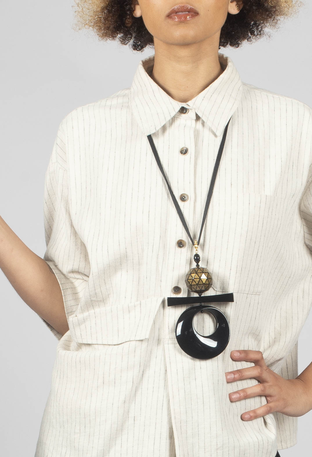 3/4 Sleeved Shirt with Statement Pocket in Ivory Stripe