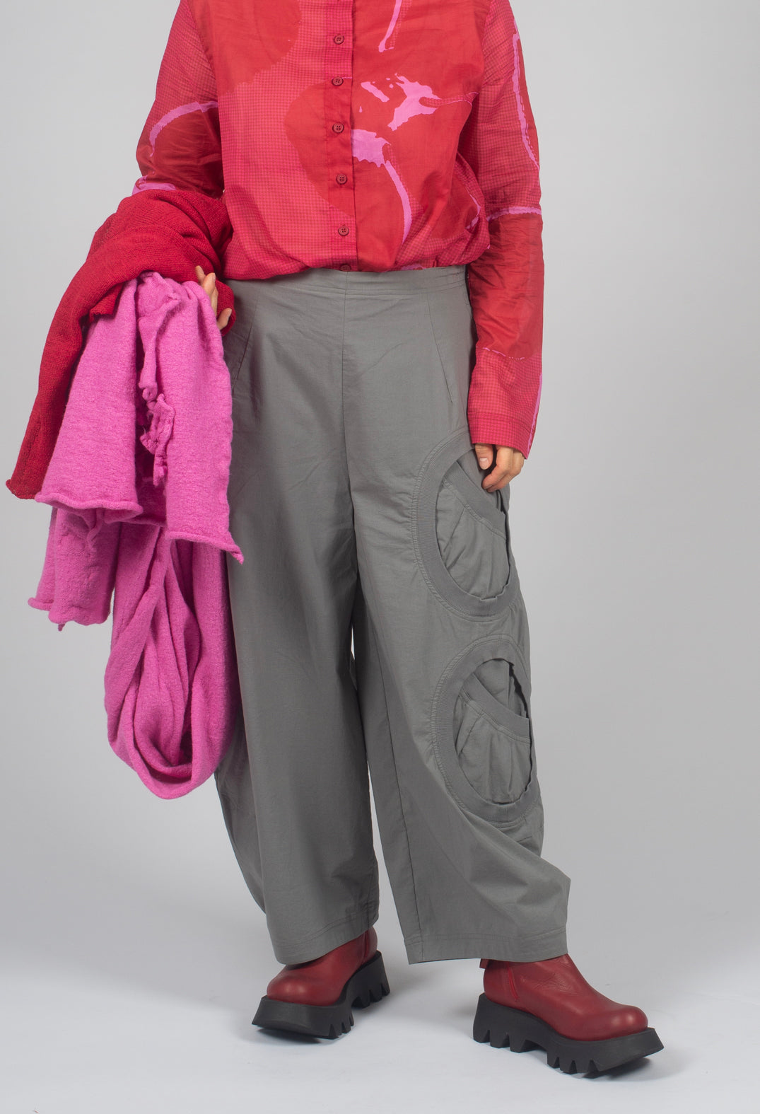Balloon Leg Trousers with Circular Pocket Detail in Dark Grey - 3630109