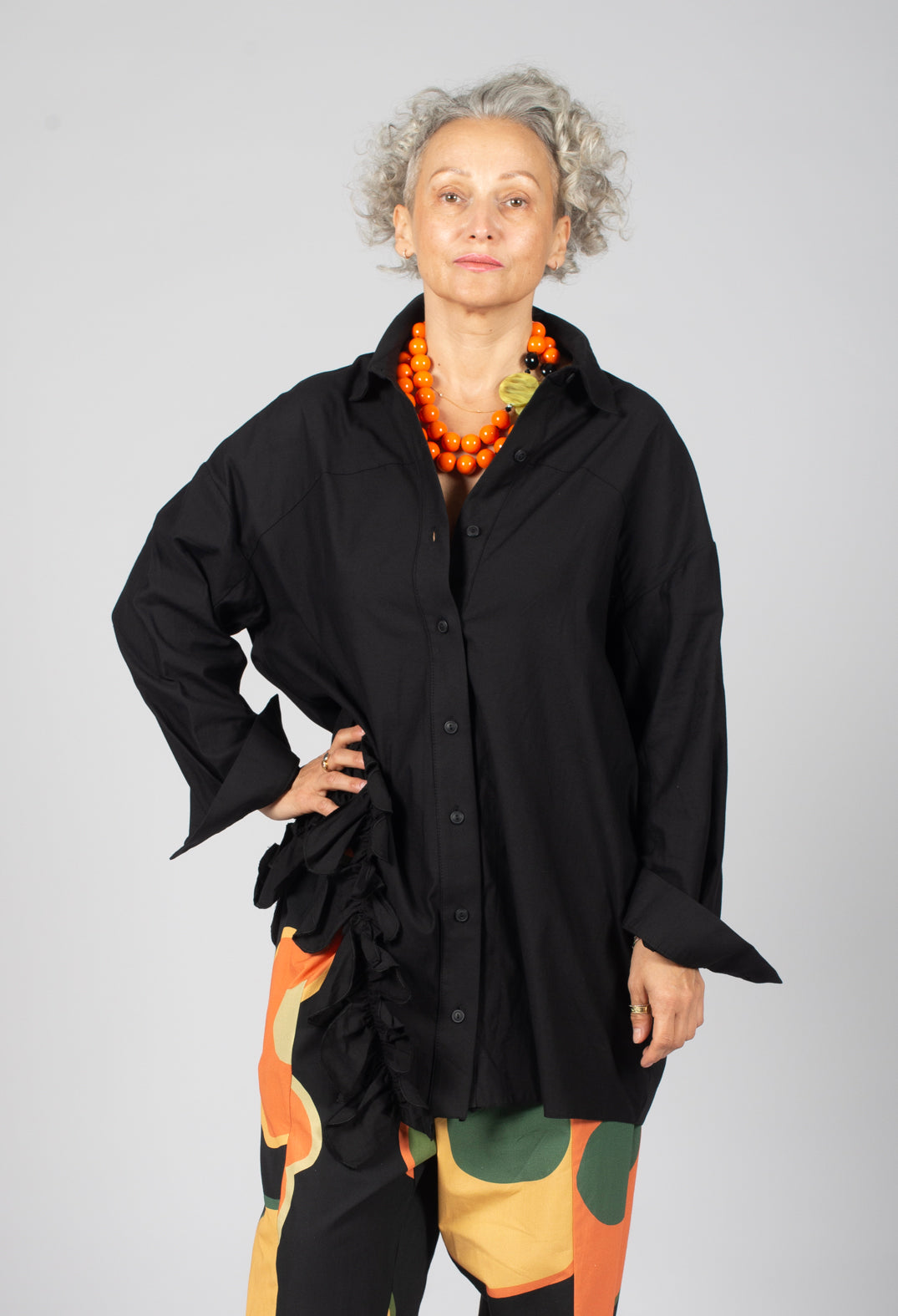Side Ruffle Shirt in Black
