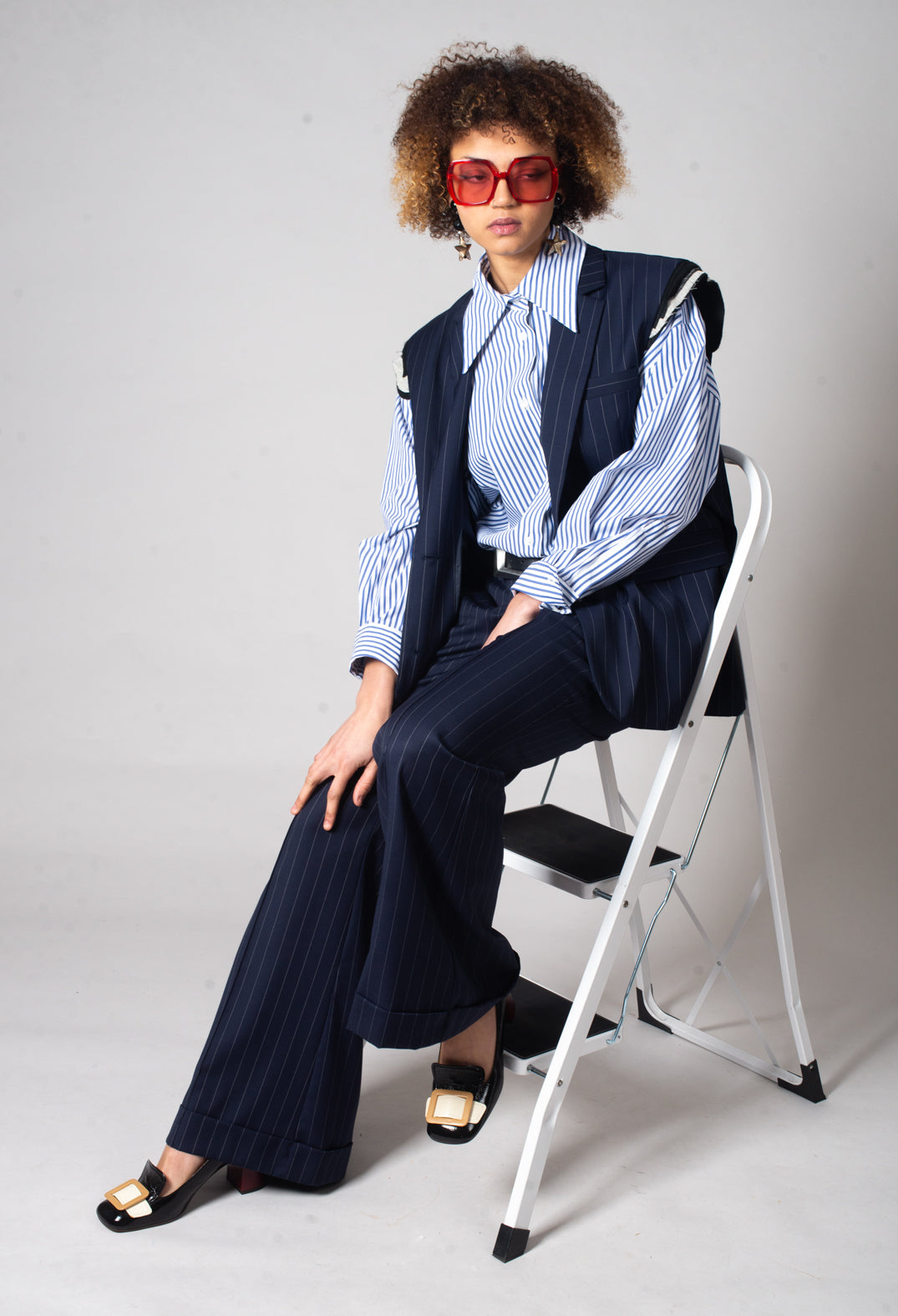 Flared Leg Tailored Trousers in Gessato Blue Nights